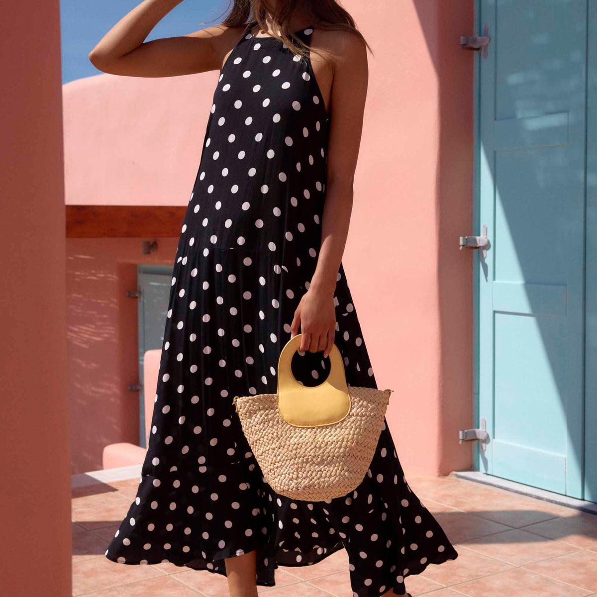 pepita midi dress Pepita | Black High-Neck Tailored Maxi Dress With Drop-Waist And Satin Skirt