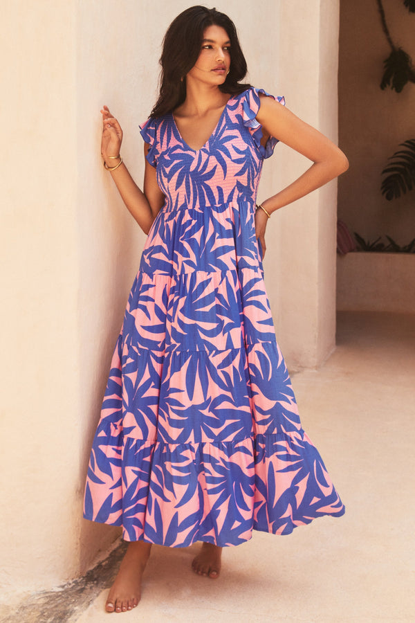 Lucia Dress In Blue Palms