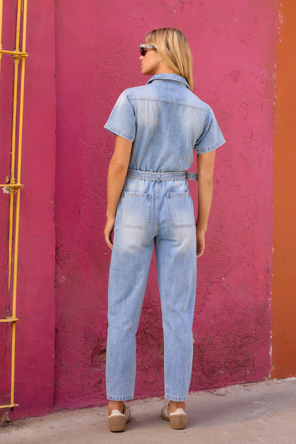 Denim Boiler Suit In Dusty Blue