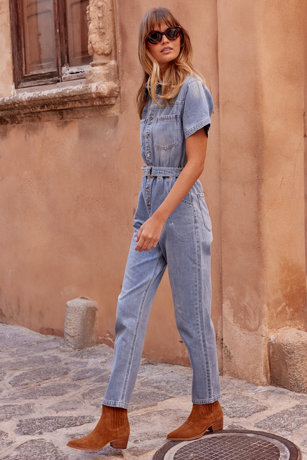 Denim Boiler Suit In Dusty Blue
