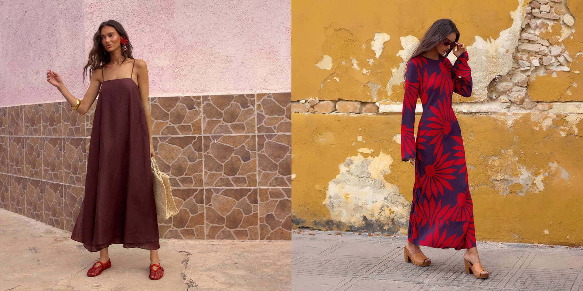 A split-screen lifestyle image showing two women modeling long maxi dresses. On the left, a woman stands against a pink and brown tiled wall wearing a solid dark brown spaghetti-strap maxi dress.