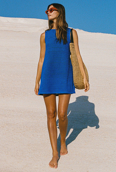 cobalt zip bodycon dress Poolside Mini In – Mister Zimi this mini brings a Slimming Pleated Split Design Denim Blue Dress - Size:26/28