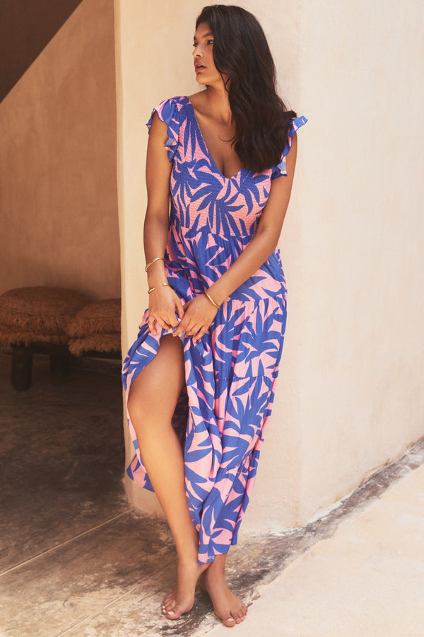 Lucia Dress In Blue Palms