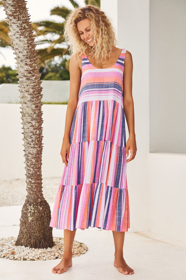 Winifred Midi Dress In Pink And Navy Stripe