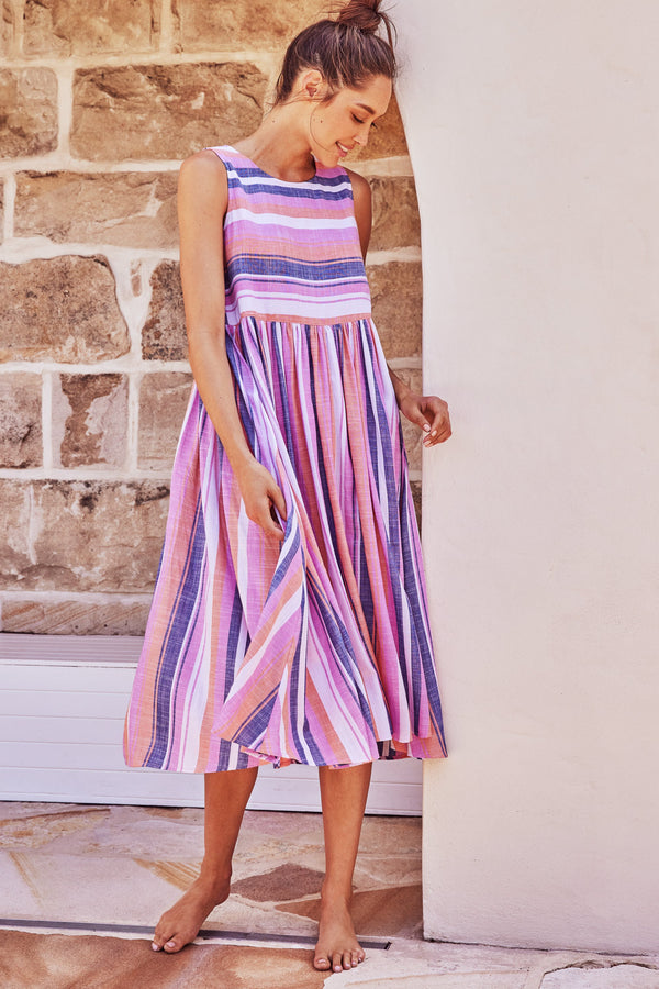 Zoe Dress In Pink And Navy Stripe